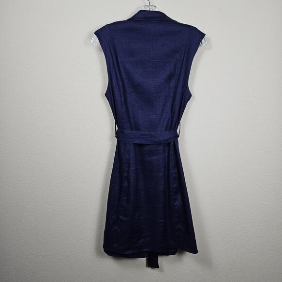 HALSTON Stretch Linen Shirt Dress 8 M Navy Blue Tie Belt Coastal Preppy Pockets - Picture 4 of 16